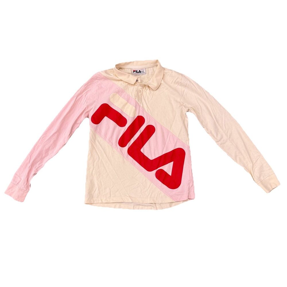 FILA Collectors Long Sleeve Polo Shirt Size XS Unisex Cream Color With Pink/Red